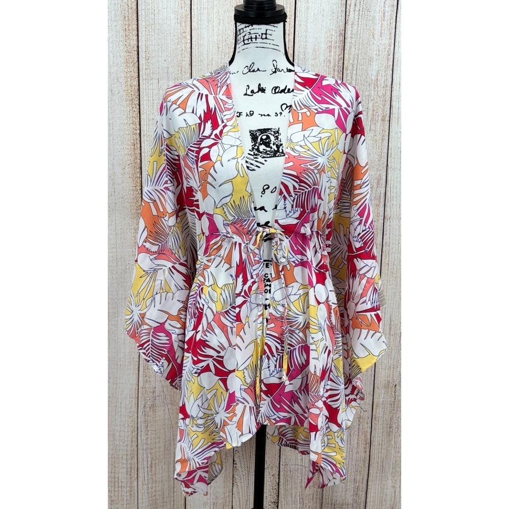 Lands' End Kimono Swim Cover Up One Size NWOT Tropical Print Viscose Caftan